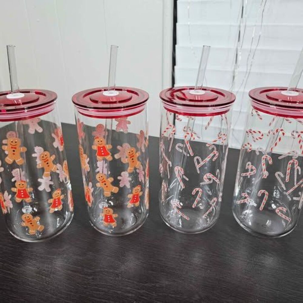 Gingerbread + Candy Cane Glass Christmas Tumblers 4 Pack | NEW